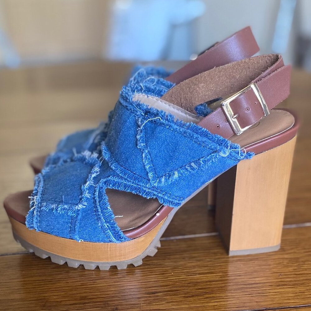 Denim Platform Block Heel Sandals - Blue